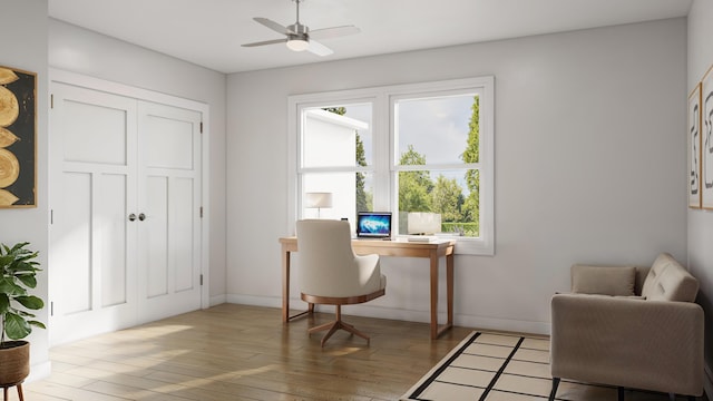 home office with ceiling fan and hardwood / wood-style floors