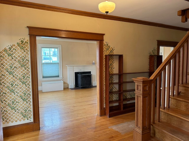 interior space featuring ornamental molding and light hardwood / wood-style floors