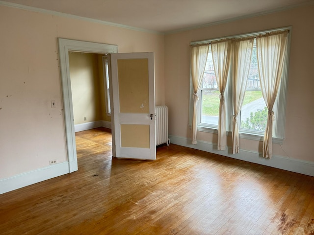 empty room with radiator heating unit and light hardwood / wood-style flooring