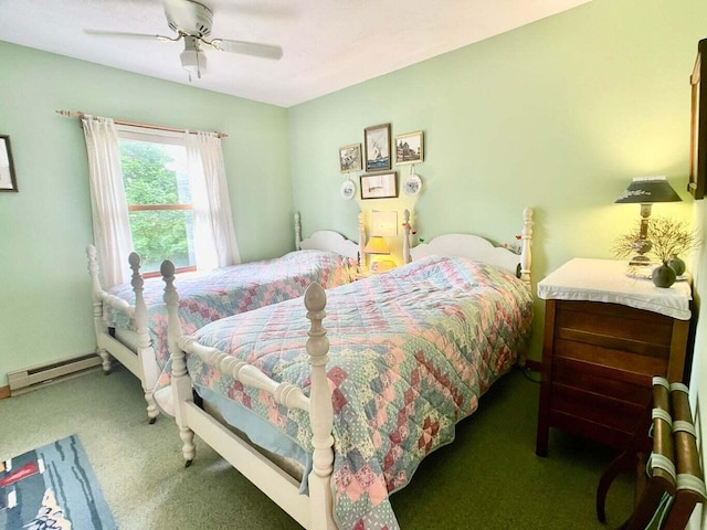 bedroom featuring ceiling fan, a baseboard radiator, and dark colored carpet