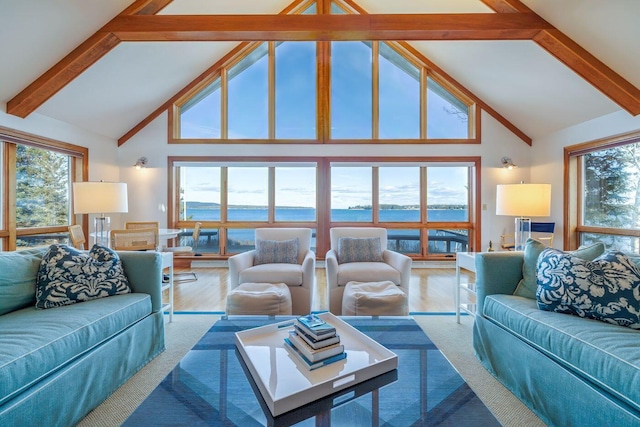 living room featuring high vaulted ceiling, a water view, and wood-type flooring