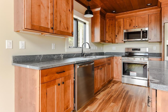 kitchen featuring wooden ceiling, sink, hanging light fixtures, light wood-type flooring, and stainless steel appliances