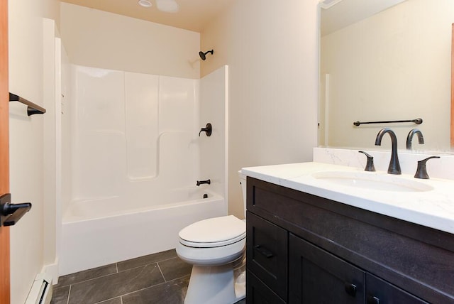 full bathroom featuring tile patterned flooring, a baseboard heating unit, shower / bath combination, toilet, and vanity