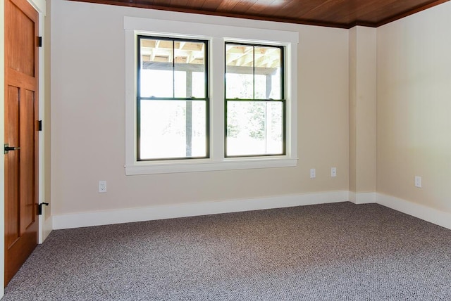 spare room with plenty of natural light, wooden ceiling, carpet floors, and ornamental molding