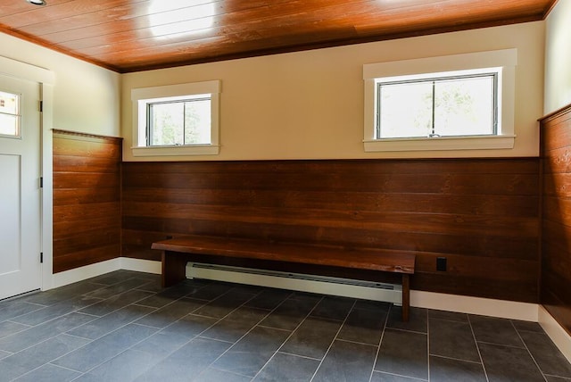 interior space with wood walls, wood ceiling, crown molding, and a baseboard heating unit