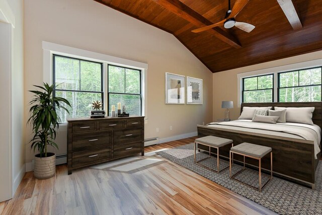 bedroom with ceiling fan, wood ceiling, multiple windows, and light hardwood / wood-style flooring