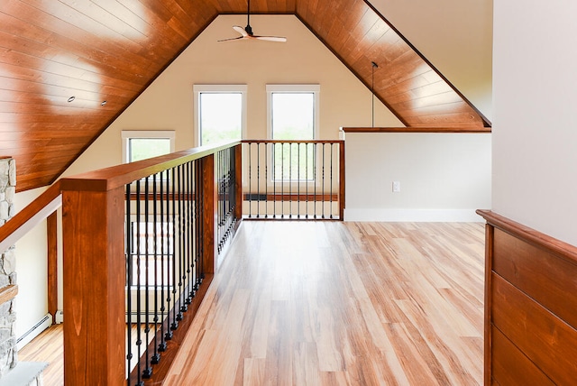 additional living space featuring ceiling fan, light hardwood / wood-style floors, a baseboard heating unit, and wooden ceiling