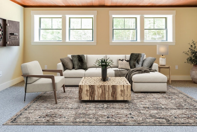 carpeted living room with wooden ceiling