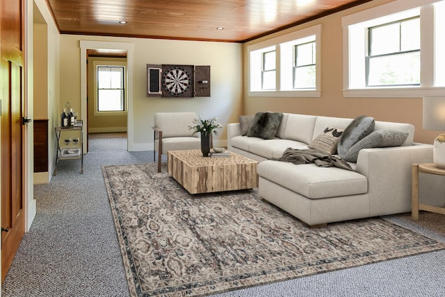 carpeted living room featuring crown molding and wood ceiling