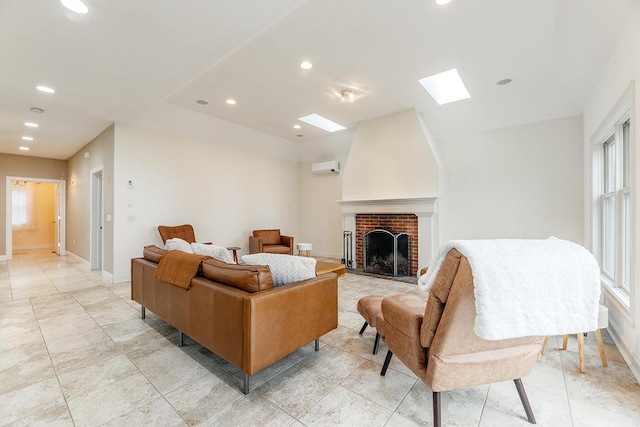 tiled living room with a brick fireplace, a wall mounted air conditioner, and a healthy amount of sunlight