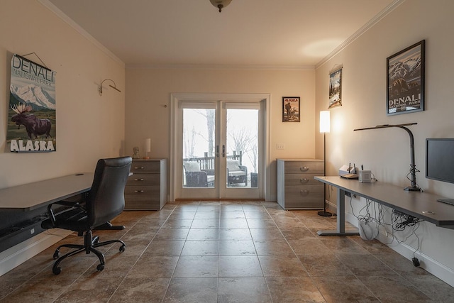 office area featuring french doors and crown molding