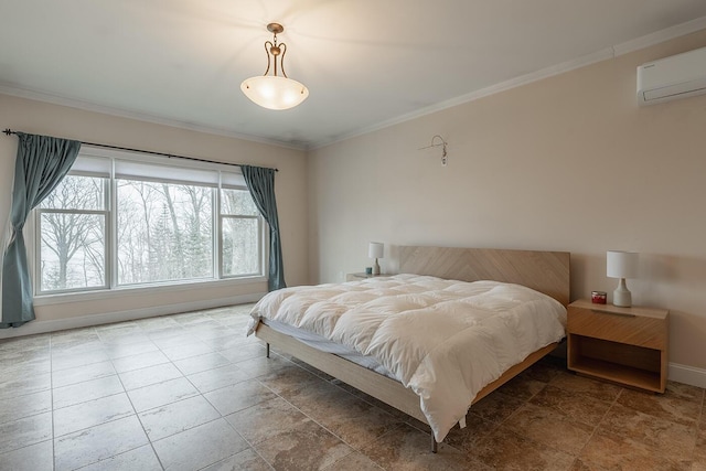 bedroom featuring a wall unit AC and ornamental molding