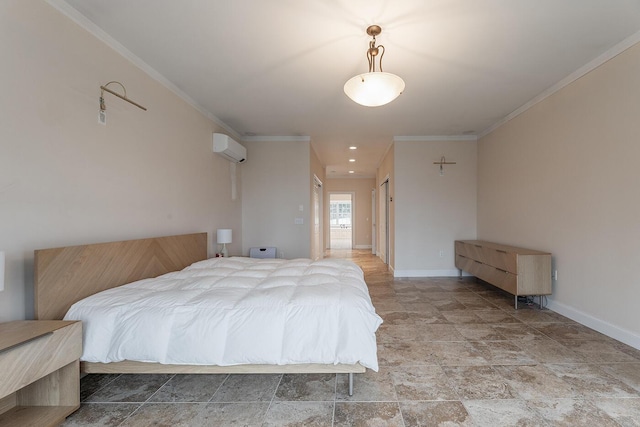 bedroom featuring a wall mounted AC and crown molding