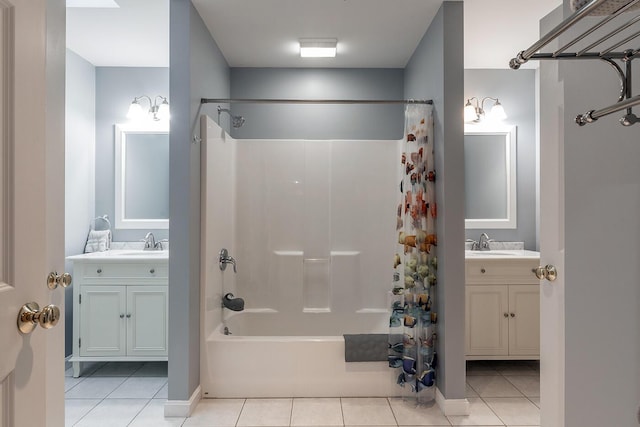 bathroom with shower / tub combo, tile patterned floors, and vanity