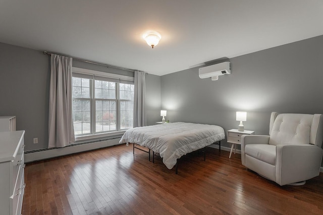 bedroom featuring dark wood-type flooring, an AC wall unit, and a baseboard radiator