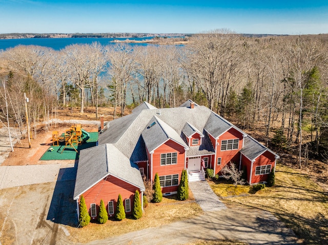 drone / aerial view featuring a water view