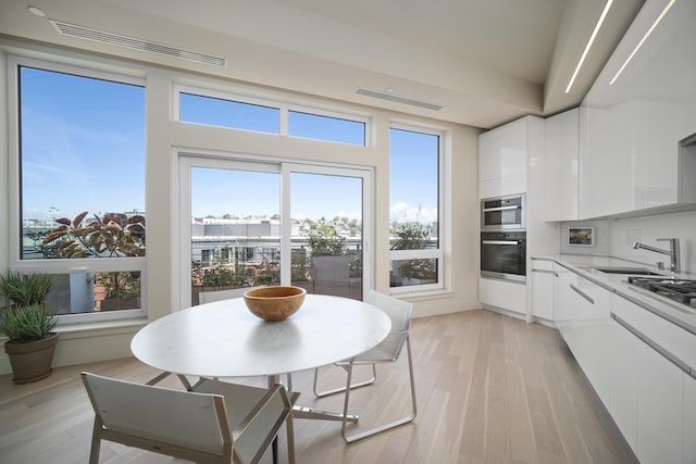 kitchen with white cabinetry, a healthy amount of sunlight, double oven, light hardwood / wood-style flooring, and sink