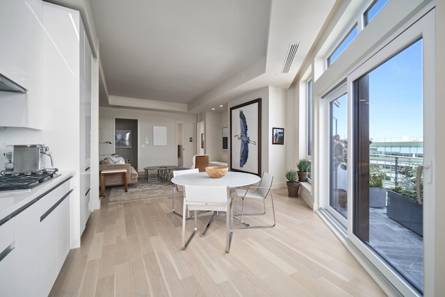 dining space featuring light hardwood / wood-style floors and a raised ceiling