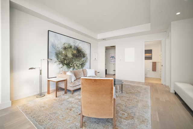 living room featuring a tray ceiling and light hardwood / wood-style floors