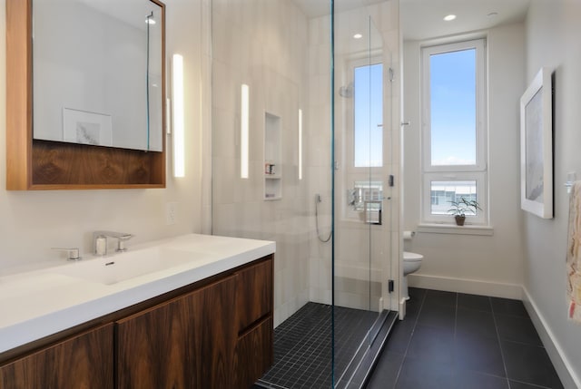 bathroom with toilet, vanity, tile patterned flooring, and walk in shower