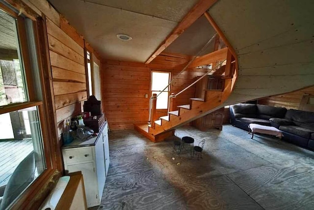 interior space featuring lofted ceiling, plenty of natural light, and wood walls