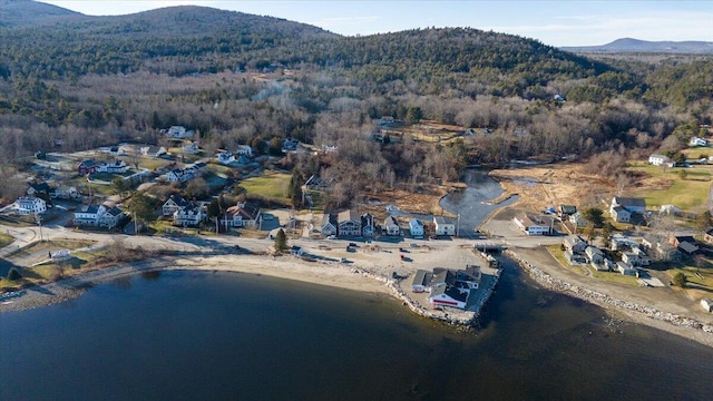 bird's eye view with a water and mountain view