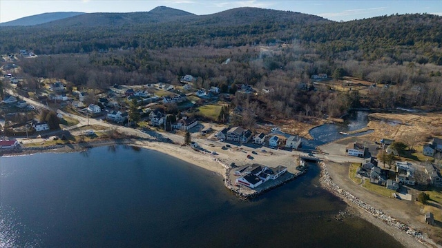 drone / aerial view with a water and mountain view