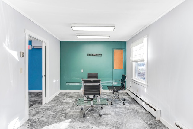 office featuring ornamental molding and a baseboard heating unit