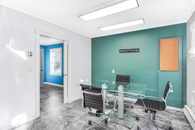 home office with crown molding, concrete floors, and baseboard heating