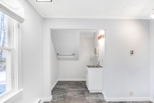 bathroom with crown molding, sink, and a wealth of natural light