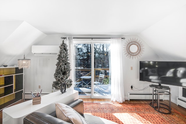 living room featuring hardwood / wood-style floors, vaulted ceiling, an AC wall unit, and a baseboard heating unit