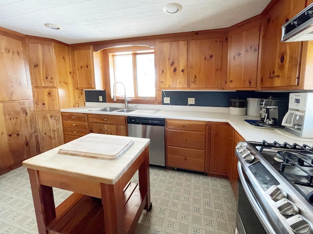 kitchen with appliances with stainless steel finishes, exhaust hood, and sink