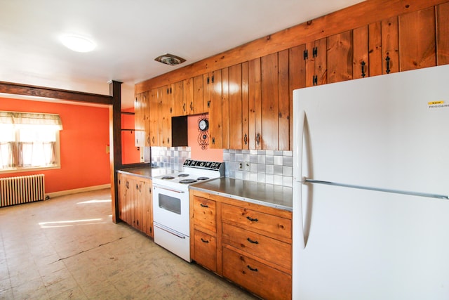 kitchen featuring backsplash, light tile flooring, white appliances, and radiator