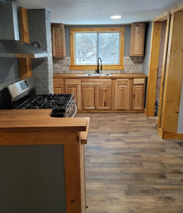 kitchen featuring decorative backsplash, light wood-type flooring, sink, wall chimney range hood, and stainless steel gas stove