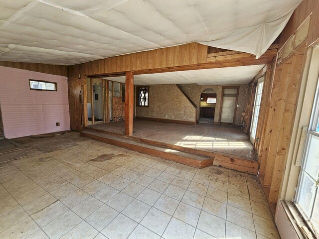 basement with wooden walls and plenty of natural light