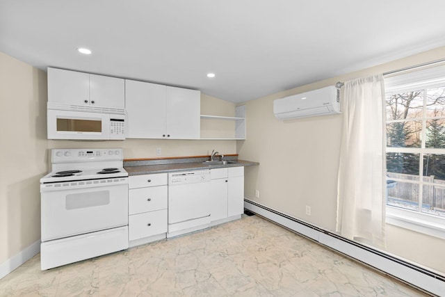 kitchen featuring white appliances, a baseboard radiator, a wall mounted AC, and light tile floors