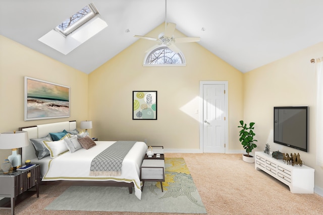 bedroom with lofted ceiling with skylight, ceiling fan, and light colored carpet