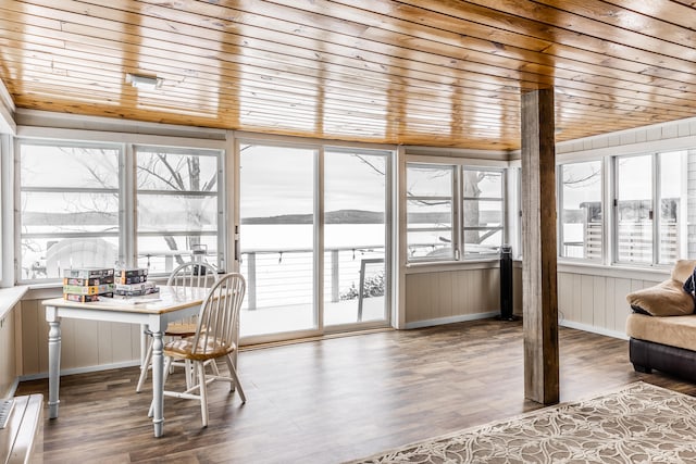 sunroom featuring wood ceiling