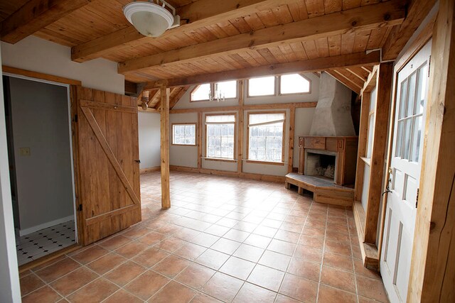 unfurnished living room featuring beam ceiling, wooden ceiling, a fireplace, and light tile floors