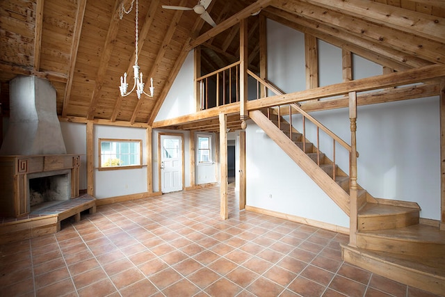 unfurnished living room with tile floors, high vaulted ceiling, wooden ceiling, and a large fireplace