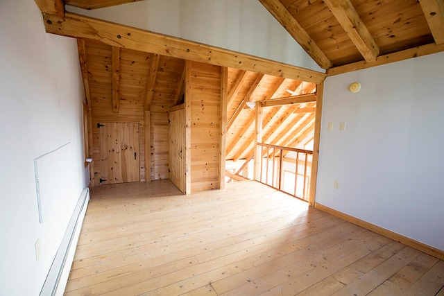 empty room featuring light wood-type flooring, wooden walls, a baseboard radiator, wooden ceiling, and lofted ceiling with beams