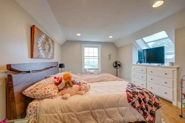 2 Maddox Pond Rd, Biddeford, ME 04005 - bedroom with vaulted ceiling, light wood-style floors, a skylight, and recessed lighting