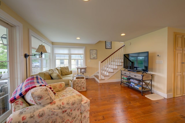 2 Maddox Pond Rd, Biddeford, ME 04005 - living area featuring stairway, hardwood / wood-style flooring, and recessed lighting