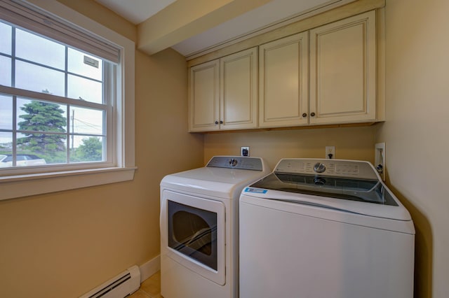 2 Maddox Pond Rd, Biddeford, ME 04005 - laundry room featuring cabinet space, washing machine and dryer, a baseboard radiator, and light tile patterned floors
