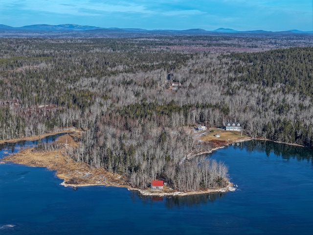 bird's eye view with a water and mountain view