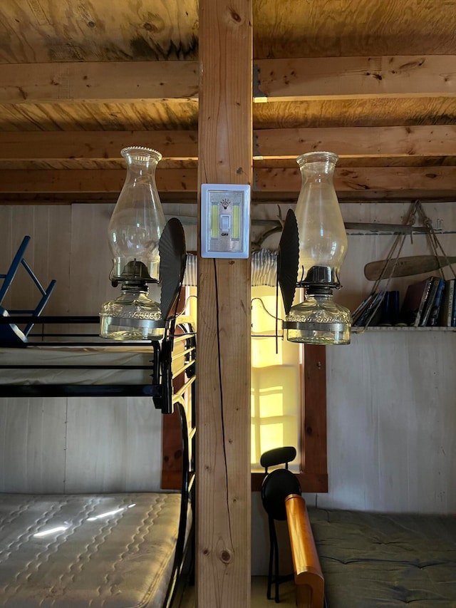 interior space featuring wooden ceiling and beamed ceiling