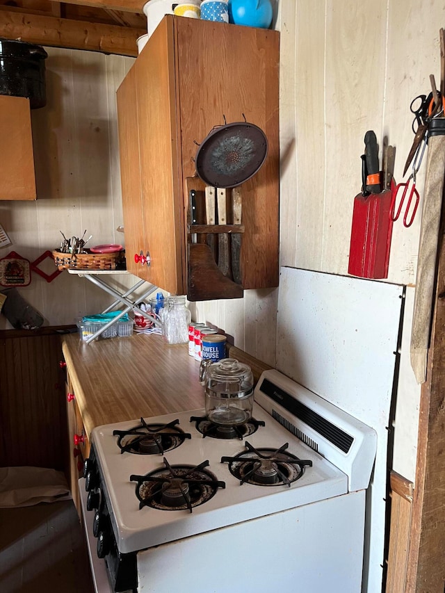 kitchen featuring wood walls and stove