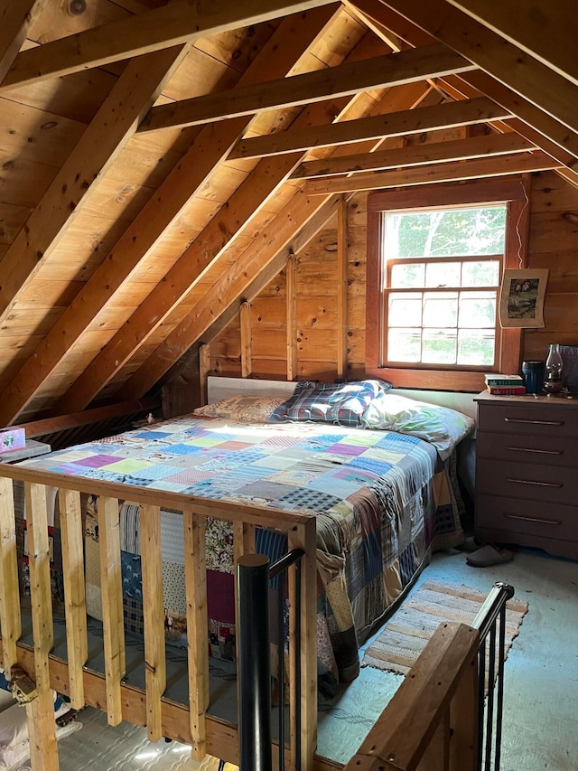 interior space featuring wood walls and lofted ceiling