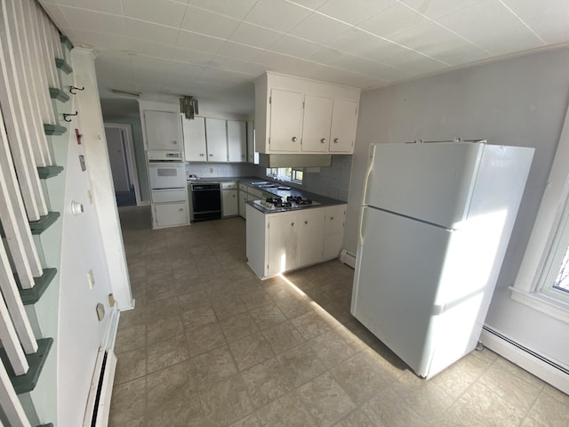 kitchen with white cabinetry, backsplash, white appliances, a baseboard radiator, and light tile floors