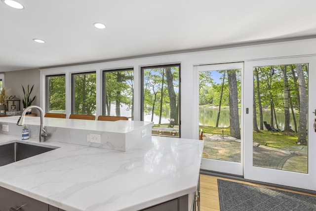 8 Hickory Ln, York, ME 03909 - kitchen featuring a sink, plenty of natural light, recessed lighting, and light stone countertops